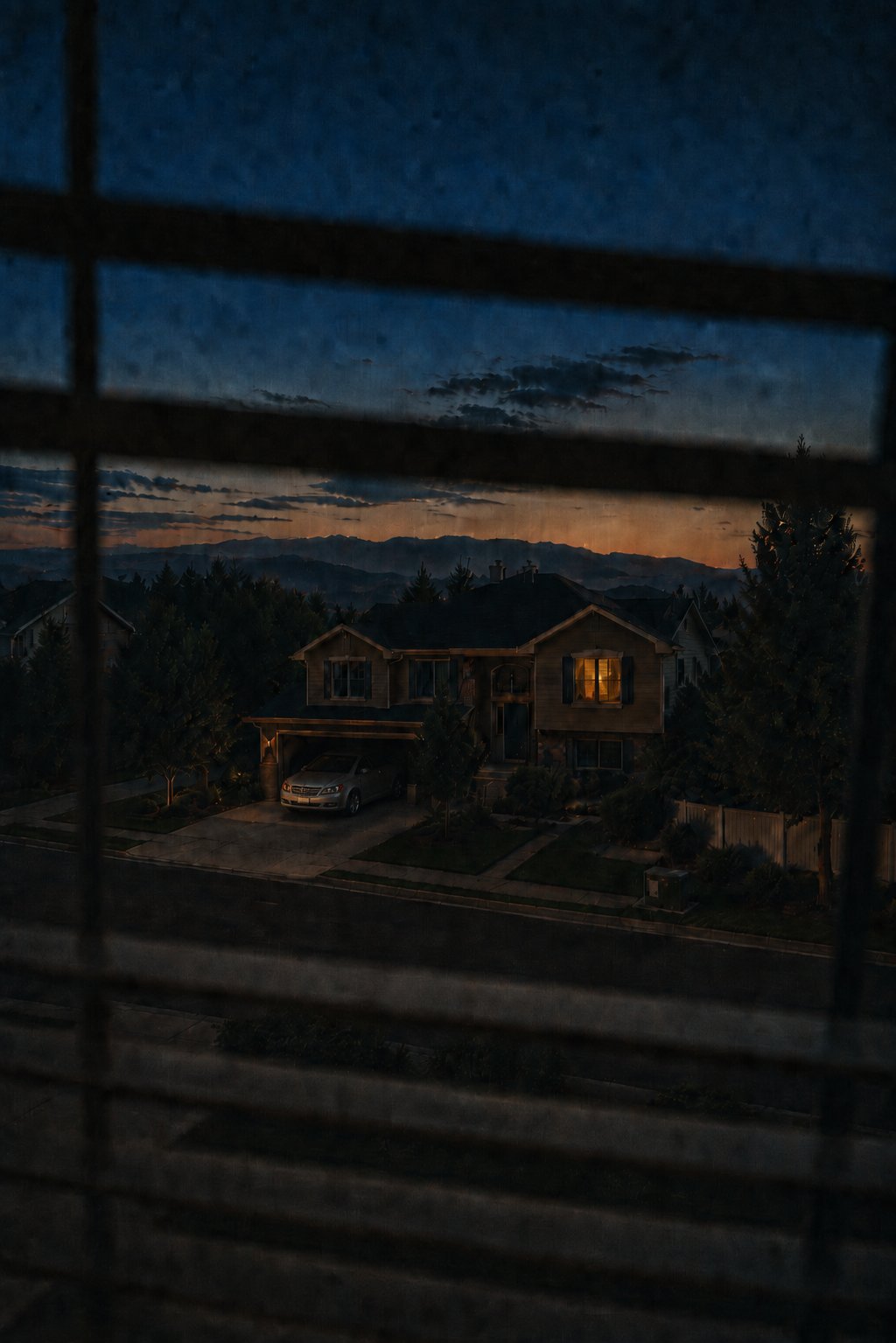 A view from behind blinds of a sedan parked in a driveway at dusk, nose pointed toward the street
