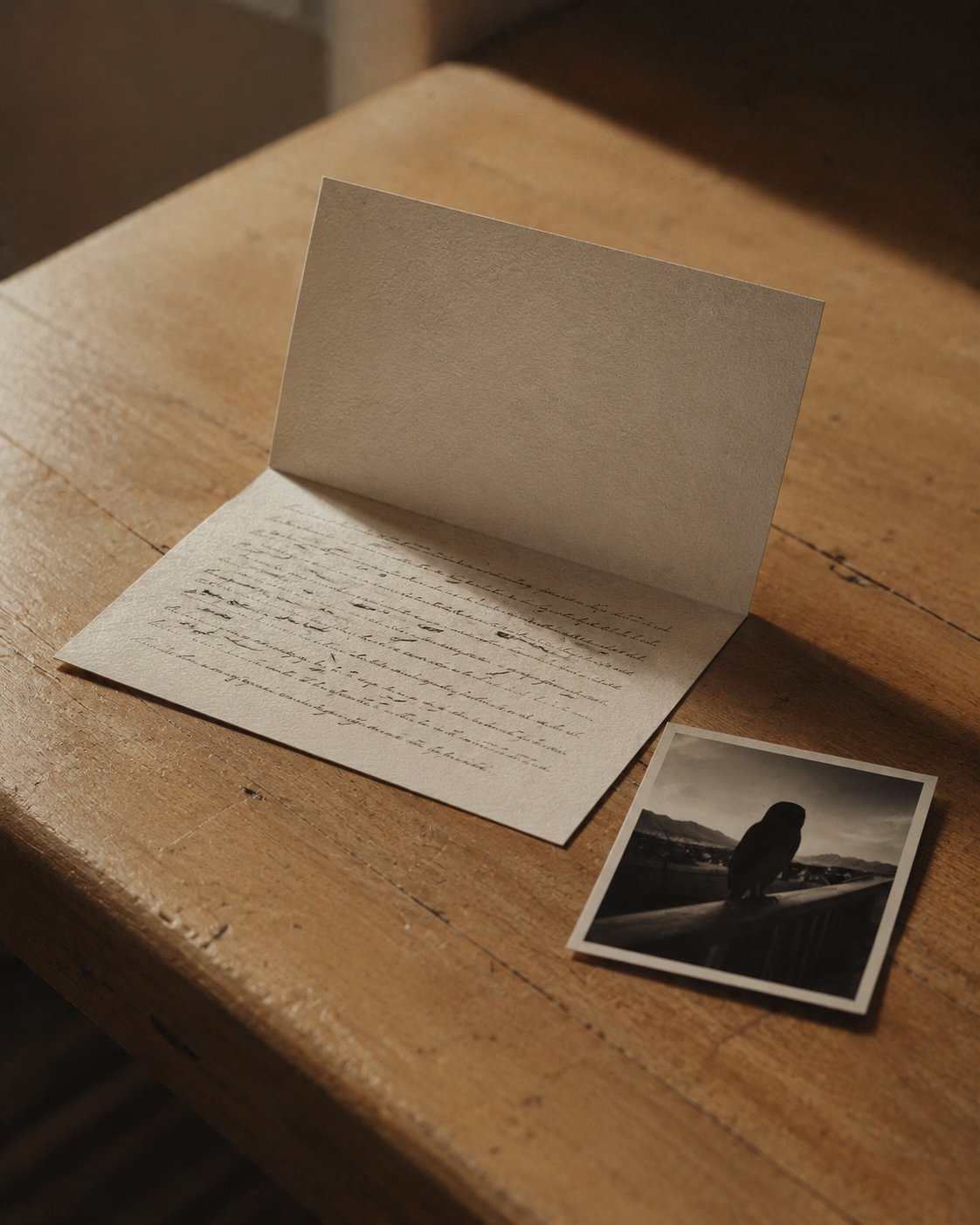 A handwritten note and a small black-and-white photograph of a barn owl on a deck railing, resting on a wooden table