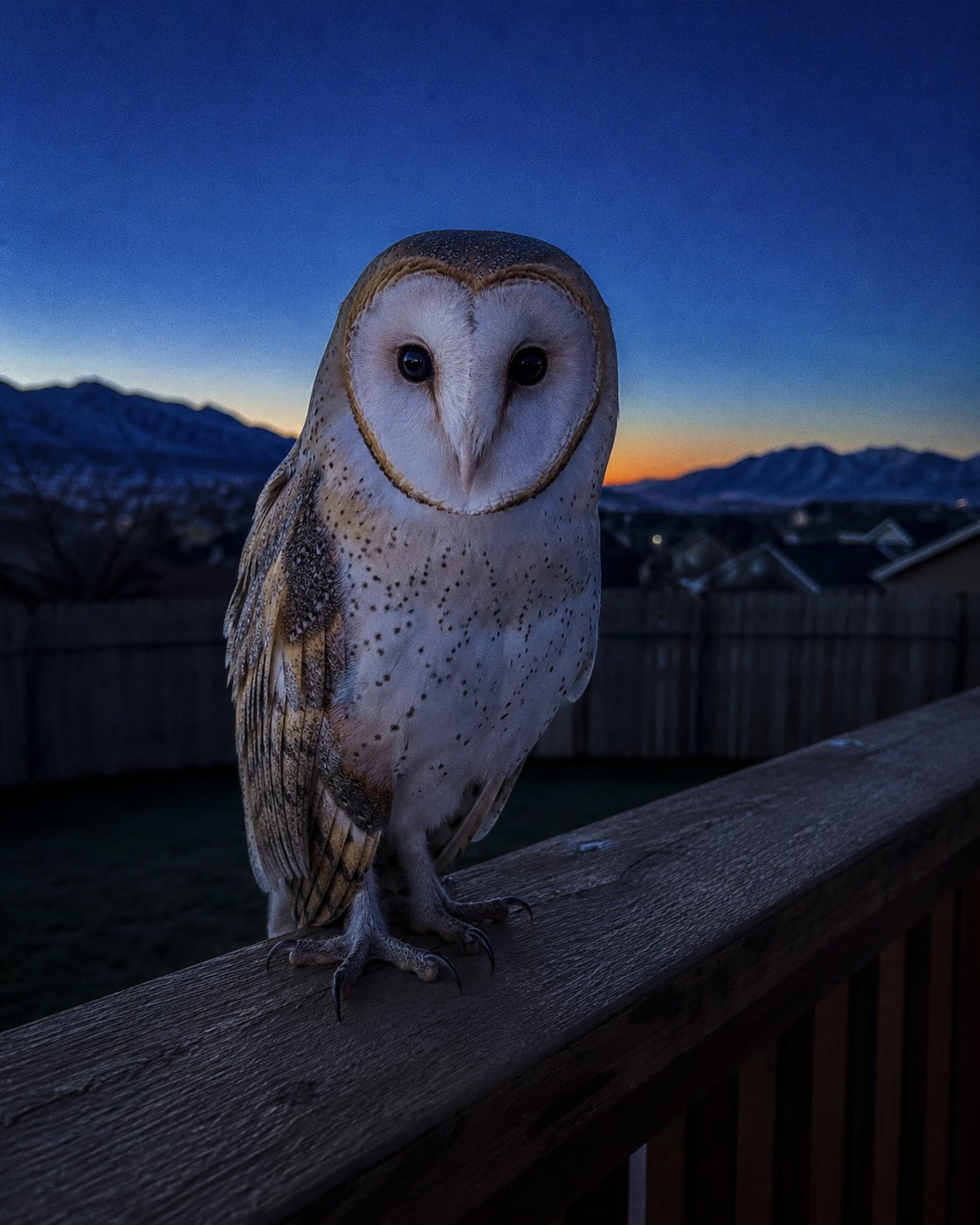 A barn owl on a deck railing at dawn, with the Wasatch Front mountains behind it